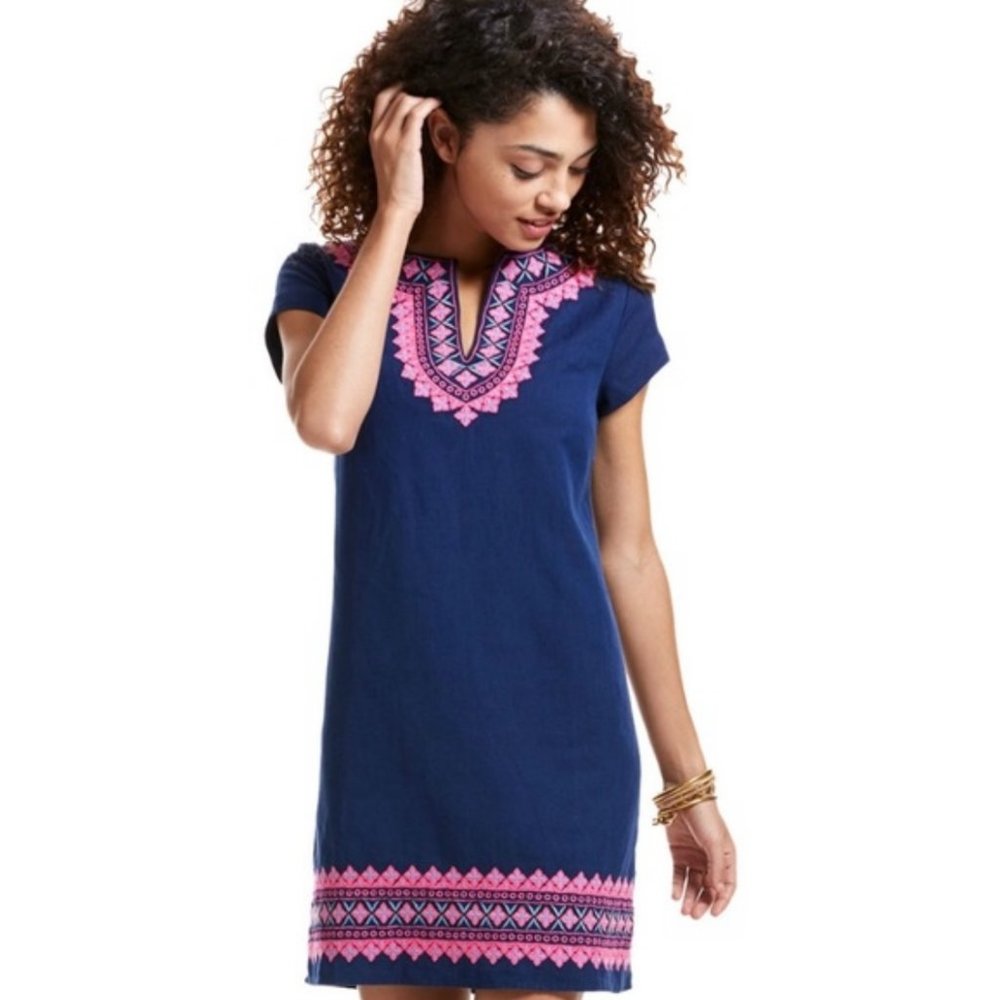 Vineyard Vines Navy Dress with Pink Embroidery